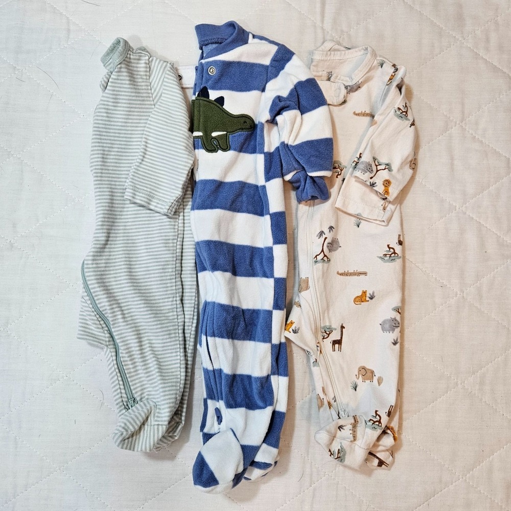 Carter's Baby Boys 3M Footed Sleepers Dinosaur Safari Stripes Lot of 3